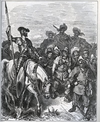 Don Quijote kyseenalaistaa voimien syyt heidän vakaumukseensa - Miguel Cervantesin (1547-1616) "Don Quijote de la Mancha" (Don Quijote) - Gustave Doren piirtämän puupiirros tekijältä Gustave Dore