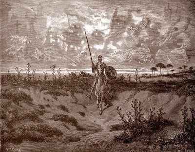 Don Quijote lähtee seikkailuihinsa Gustave Doren (1832-1883) kaiverrus Miguel de Cervantesin (1547-1616) "L