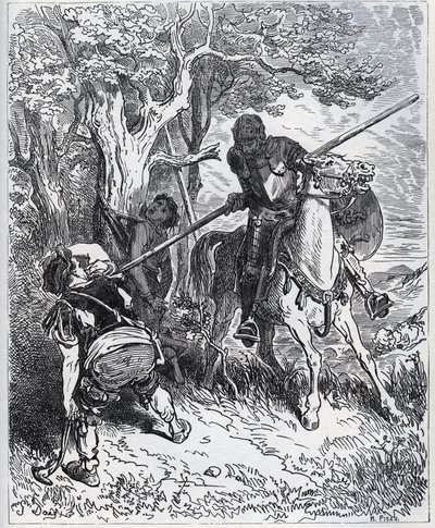Don Quijote puoltaa nuorta palvelijaa - "Meidät saartavassa auringonpaisteessa en tiedä, kuka estää minua syöttämästä terääni ruumiin läpi" - Miguel Cervantesin (1547) "Don Quijote de la Manchasta" 1616) (Don Quijote) - Puupiirros Gustan piirtämänä tekijältä Gustave Dore