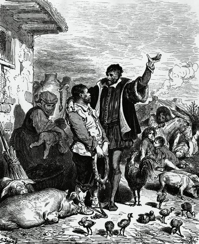 Don Quijote vie Sancho Panzan kotoaan ja julistaa hänet kuvernööriksi, kuvitus Gustave Dore