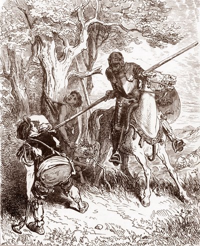 Don Quijote uhkaa paimenpoikaa kuljettavaa talonpoikaa Gustave Doren (1832-1883) kaiverrus Miguel de Cervantesin (1547-1616) "L
