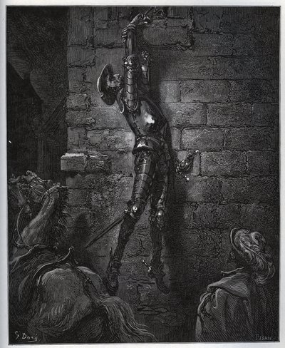 Majatalonpitäjän tyttären ja Maritornesin loukkuun jäänyt Don Quijote jää roikkumaan ikkunasta. - Miguel Cervantesin (1547-1616) "Don Quijote de la Manchasta" (Don Quijote) - Gustave Doren piirtämän puupiirros tekijältä Gustave Dore