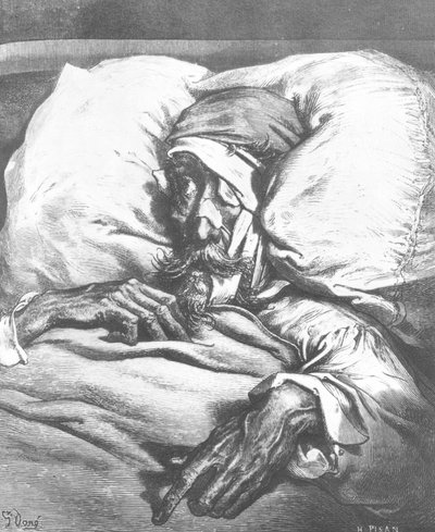 Don Quijote haavoittunut, Miguel Cervantesin (1547-1616) Don Quijote de la Manchasta, kaiverrettu Heliodore Joseph Pisan (1822-90) tekijältä Gustave Dore