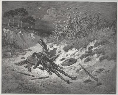 Don Quijoten haavat rukoilevat mielikuvituksensa hahmojen kurjuutta ja apua - Miguel Cervantesin (1547-1616) "Don Quijote de la Mancha" (Don Quijote) - Gustave Doren piirtämän puupiirros tekijältä Gustave Dore