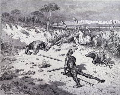 Don Quijoten moralisointi kiittämättömyydestä, Miguel Cervantesin (1547-1616) Don Quijote de la Manchasta, kaiverrettu Heliodore Joseph Pisan (1822-90) n. 1868 tekijältä Gustave Dore