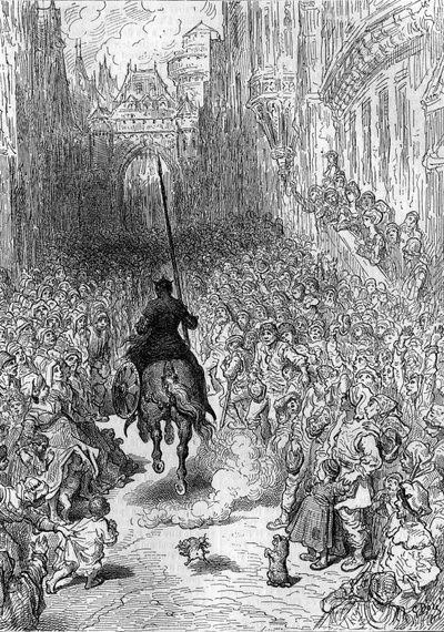 Gustave Doren (1832-1883) piirros Ludovico Arioston, joka tunnetaan nimellä Ariosta, runoon "" Furious Roland"" ("Furious Orlando") (1500-luku). Kaiverrus "" Nuorten päiväkirjaan"" tekijältä Gustave Dore