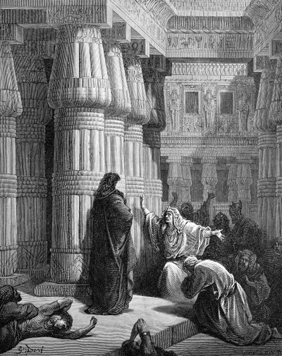 Egyptiläiset kehottavat Moosesta lähtemään, Doré. - Raamattu tekijältä Gustave Dore