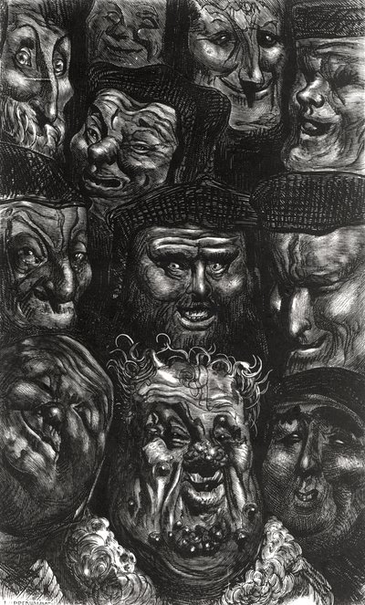 Yksitoista groteskista kasvoa Predhommen kaivertamasta Honore de Balzacin (1799-1850) Les Contes Drolatiquesista tekijältä Gustave Dore
