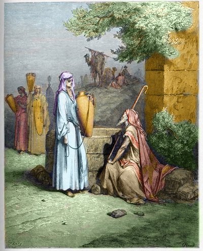 Eliezer ja Rebekka - Eliezer, Abrahamin palvelija, tarjoaa juotavaa vettä Rebekan toimesta - Eliezer ja Rebecca - kaiverrus Gustave Doren (1832-1883) "The Bible illustree" -kaiverrukseen "" Dore Biblesta"" tekijältä Gustave Dore