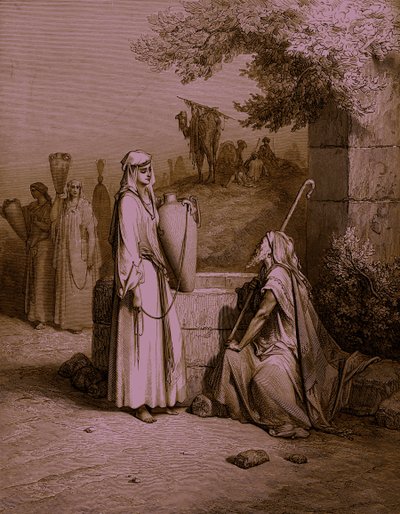 Eliezer ja Rebeka / Rebecca, kaiverrus Dorén. - Raamattu tekijältä Gustave Dore