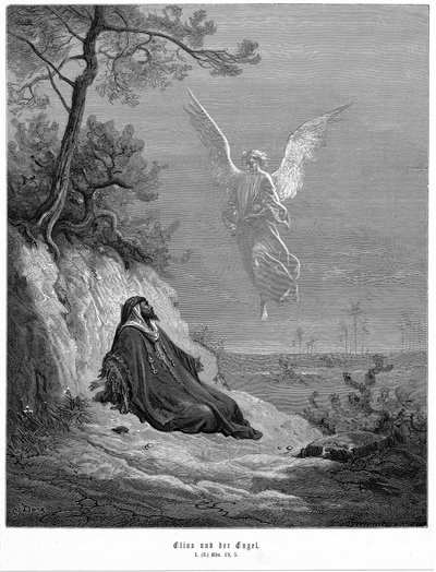 Elia menee erämaahan ja pyytää kuolemaa, mutta enkeli tulee ja käskee häntä "Nouse ja syö". Raamattu 1 Kuninkaat 19.5. Gustave Doren Raamatusta 1865-1856. Puunkaiverrus tekijältä Gustave Dore