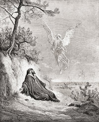 Elia ruokkii enkeliä. Gustave Doren Raamatun teoksen jälkeen. Gustave Doren elämästä ja muistoista, julkaistu 1885. tekijältä Gustave Dore