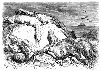 Gustave Doren kaiverrus noin 1850: apokalyptisen vedenpaisumuksen mieleen palauttaminen, jossa yhdistyvät raamatullinen perinne (kaukana näkyy Nooan arkki merellä) ja tieteellisen tiedon alku (vuorella epäonnistuvat erilaiset hirviöeläimet, jotka ovat epäo tekijältä Gustave Dore