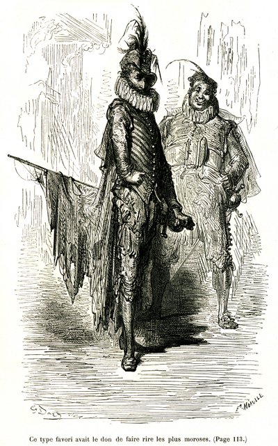 Gustave Doren kaiverrus, joka kuvittaa Theophile Gautierin romaania "Kapteeni Fracasse". Charpentier Edition 1863. Kaksi koomikkoa (commedia dell