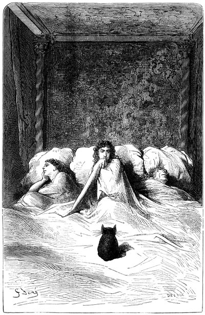 Gustave Doren kaiverrus, joka kuvittaa Theophile Gautierin romaania "Kapteeni Fracasse". Charpentier Edition 1863. Paroni de Sigognacin residenssissä, "Chateau de la Misere"-linnassa, joukko koomikoita löysi turvapaikan. Kolme näyttelijätärtä nukahti louna tekijältä Gustave Dore