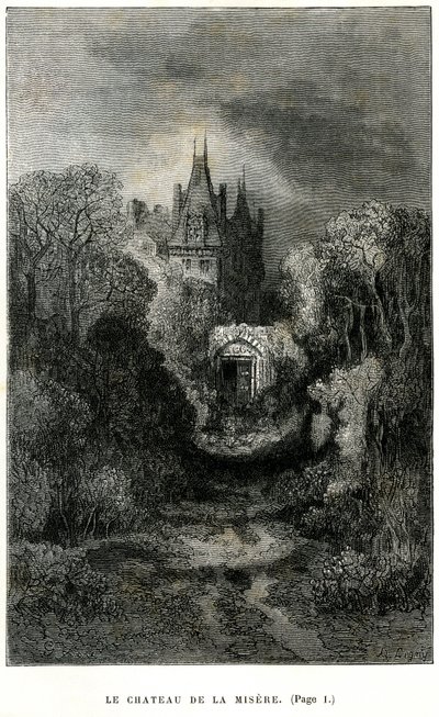 Gustave Doren kaiverrus Theophile Gautierin romaanin "Kapteeni Fracasse" etukuvassa. Charpentier Edition 1863. Chateau de la Misere, paroni de Sigognacin koti. tekijältä Gustave Dore