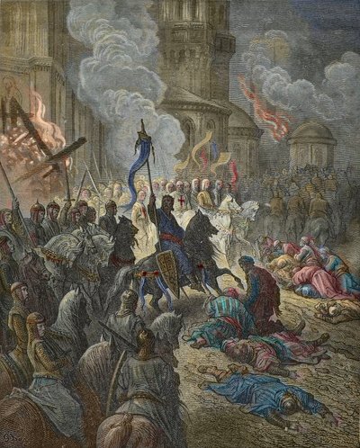 Ristiretkeläisten saapuminen Konstantinopoliin vuonna 1204, kuvitus J-F:n Bibliotheque des Croisadesista. Michaud - (litho), Dore, Gustave (1832-83) tekijältä Gustave Dore