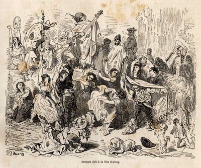 Alcoyn kaupungin suojelijan Pyhän Yrjön juhlat, luonnos Gustave Doren (1832-1883) vilkkaasta kuvauksesta havainnollistamaan hänen matkaansa Espanjaan vuonna 1862 Ch. Davillier. Kaiverrus kirjassa "" Le tour du monde", toimittanut Edouard Charton tekijältä Gustave Dore