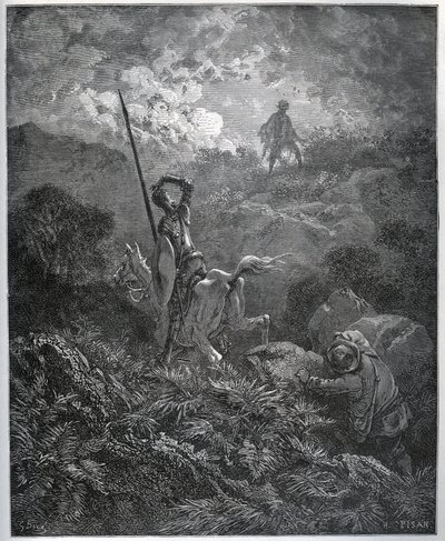 Deguenille-de-la-Malaise-Mine-kaivoksen ensimmäinen ilmestys - Miguel Cervantesin (1547-1616) "Don Quijote de la Mancha" (Don Quijote) - Gustave Doren piirtämän puupiirros tekijältä Gustave Dore