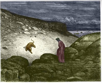 Helvetin ensimmäinen kappale, pantteri vastustaa Danten kulkua. Kuvitus Gustave Dore tekijältä Gustave Dore