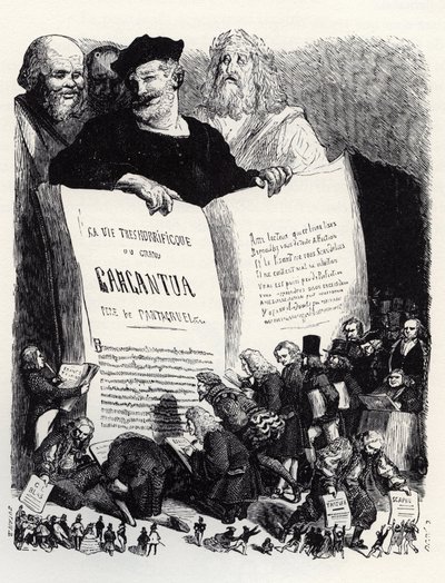 Vuoden 1854 painoksen etuosa - Muinaisten ja nykyaikaisten kirjailijoiden seurassa Rabelais esittelee toisen romaaninsa - kuvituksen "Gargantua ja Pantagruel", kirjoittanut Francois Rabelais - kaiverrus Gustave Doren (1832-1883) tekijältä Gustave Dore
