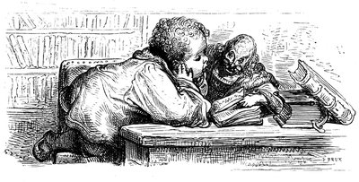 Gant Gargantuan koulutus: hän oppii lukemaan opettajansa kanssa. Gustave Doren kuvitus Francois Rabelais