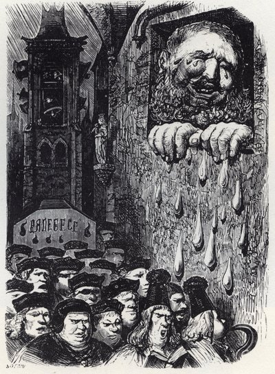 Gargantua suree vaimonsa kuolemaa - Gargantua suree vaimoaan - kuvitus teoksesta "Gargantua ja Pantagruel", kirjoittanut Francois Rabelais - kaiverrus Gustave Doren (1832-1883) tekijältä Gustave Dore
