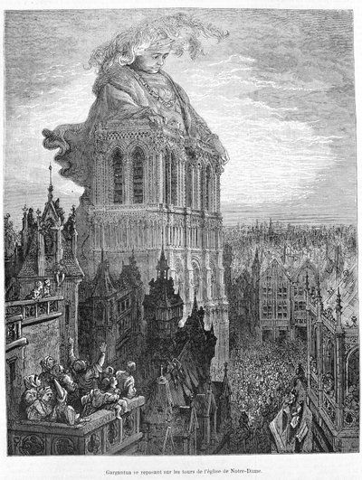 Gargantua lepää Neitsyt Marian kirkon torneissa. Kaiverrus François Rabelais