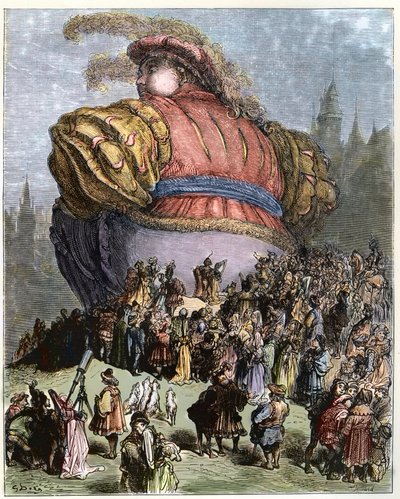Gargantua vierailee Pariisissa - Pariisilaiset ihmettelevät Gargantuaa - kuvitus teoksesta "Gargantua ja Pantagruel", kirjoittanut Francois Rabelais - kaiverrus Gustave Doren (1832-1883) tekijältä Gustave Dore
