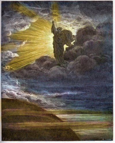 Jumala luo valoa - Valon luominen - Vanha testamentti (Genesis) - Valon luominen - Kaiverrus Gustave Doren (1832-1883) "The Bible illustreeen" - Kaiverrus "The Dore Biblesta" tekijältä Gustave Dore