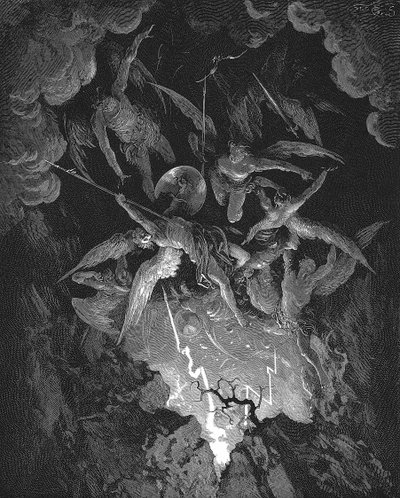 Gustave Doren kuvitus John Miltonin eeppiseen, ihmisen lankeemusta dramatisoivaan runoon Kadonnut paratiisi (1667), kirja VI. Kapinalliset enkelit putoavat taivaan muurin läpi ja syöksyvät alas helvettiin. Puukaiverrus 1866 tekijältä Gustave Dore