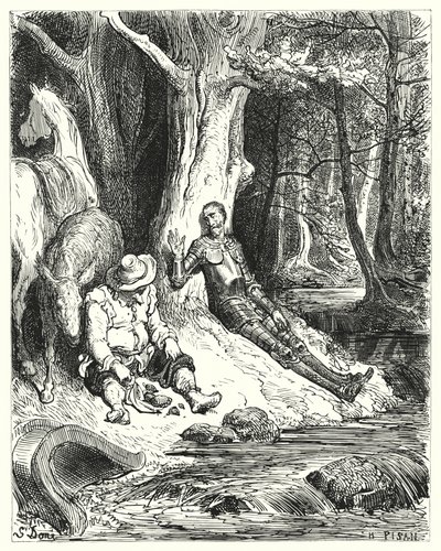 Gustave Doren Don Quijote: "Kirkas suihkulähde, jonka Don Quijote ja Sancho löysivät vehreiden puiden joukosta, virkistytti heitä" (kaiverrus) tekijältä Gustave Dore