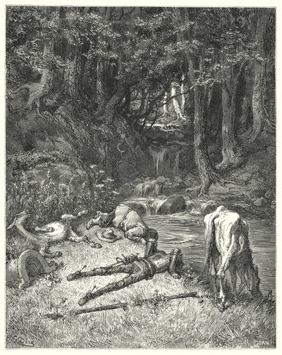 Gustave Doren Don Quijote: "Niitty, joen kastellaan, kutsui heidät laskeutumaan" (kaiverrus) tekijältä Gustave Dore