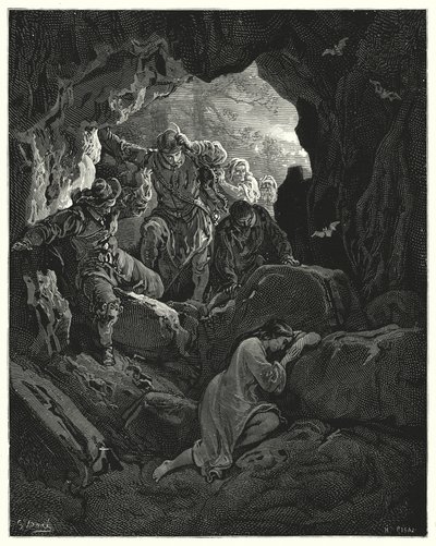 Gustave Doren Don Quijote: "Seurueet upseerien kanssa lähetetään ... jotka löytävät köyhän Leandran yhden vuoren luolasta" (kaiverrus) tekijältä Gustave Dore
