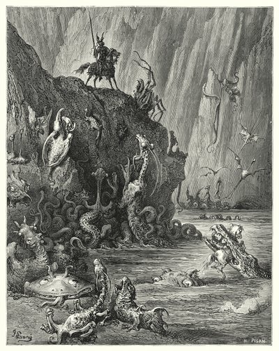 Gustave Doren Don Quijote: "Laaja kiehuva järvi, jossa ääretön joukko rajuja ja kauheita olentoja kulkee edestakaisin" (kaiverrus) tekijältä Gustave Dore
