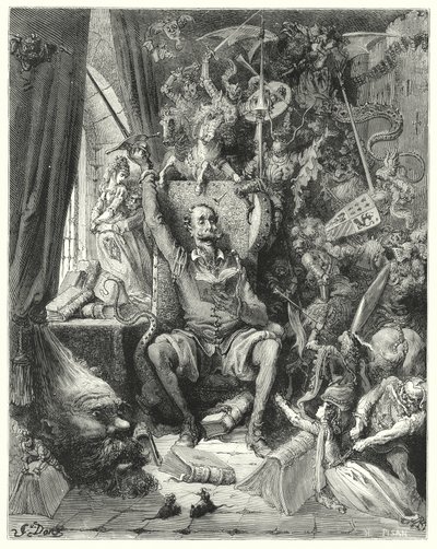 Gustave Doren Don Quijote: "Hänen kirjoistaan poimittujen, hänen mielikuvitukseensa tiivistettyjen järjettömien käsitysten maailma" (kaiverrus) tekijältä Gustave Dore