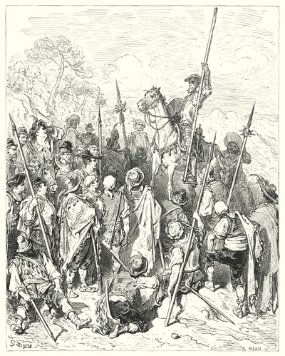 Gustave Doren Don Quijote: "Aselainsäädäntöjen mukaan te todella vahingoitat itseäsi, kun ajattelette itseänne loukatuiksi" (kaiverrus) tekijältä Gustave Dore