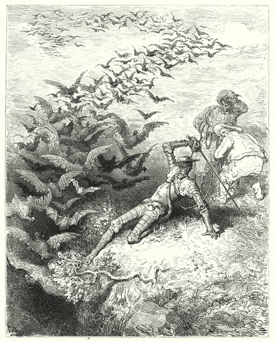 Gustave Doren Don Quijote: "Luolasta tuli ääretön määrä umpeen kasvaneita variksia ja aarteita ryntäen ja lepaten ulos luolasta" (kaiverrus) tekijältä Gustave Dore