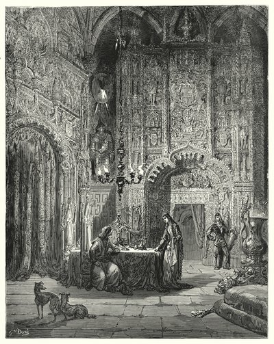 Gustave Doren Don Quijote: "Toinen neito tulee huoneeseen ja alkaa kertoa hänelle, mikä linna se on ja kuinka hän on lumoutunut siihen" (kaiverrus) tekijältä Gustave Dore