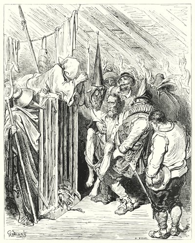 Gustave Doren Don Quijote: "Älä ole kärsimätön, oi surkean hahmon ritari, vankeudessasi" (kaiverrus) tekijältä Gustave Dore