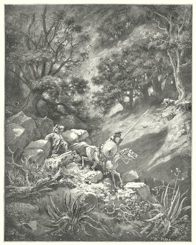 Gustave Doren Don Quijote: "Mutta rukoilkaa, herra", sanoi Sancho, "onko se hyvä ritarillisuuden laki, joka sanoo, että meidän tulee vaeltaa ylös ja alas, yli pensaiden ja harsojen, tässä kallioisessa erämaassa?" (kaiverrus) tekijältä Gustave Dore