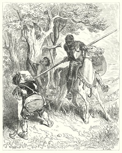 Gustave Doren Don Quijote: "Auringon paistaessa minulla on hyvä mieli juosta sinut vartalon läpi keihälläni" (kaiverrus) tekijältä Gustave Dore