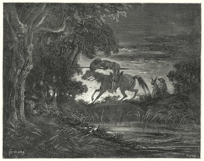Gustave Doren Don Quijote: "Don Quijote hyppäsi hänen pelottoman sydämensä kanssa Rozinanteen kimppuun" (kaiverrus) tekijältä Gustave Dore