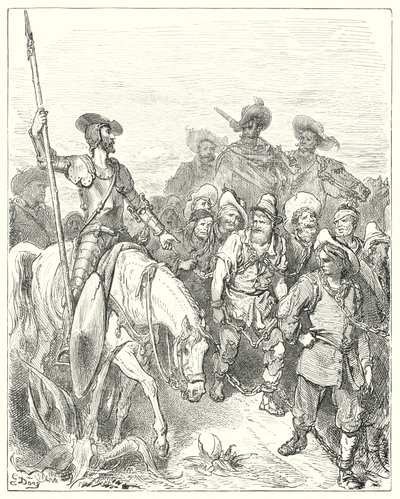 Gustave Doren Don Quijote: "Don Quijote kysyi ensimmäiseltä, mitä rikoksia hän oli näissä kurjissa olosuhteissa" (kaiverrus) tekijältä Gustave Dore