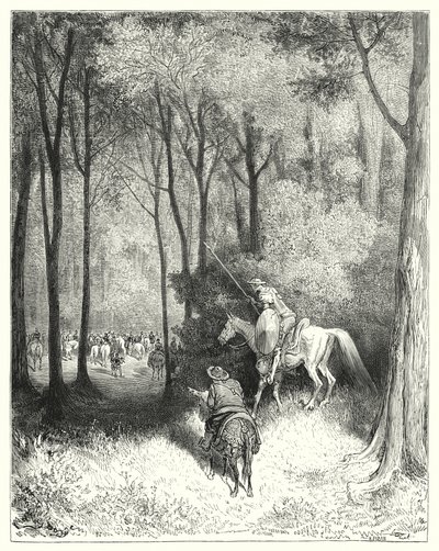 Gustave Doren Don Quijote: "Don Quijote kuvaili yritystä, jonka hän katsoi lähemmin laadukkaiksi henkilöiksi" (kaiverrus) tekijältä Gustave Dore