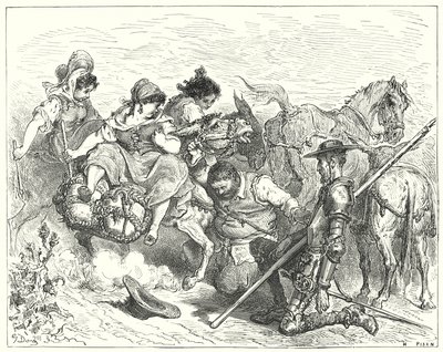 Gustave Doren Don Quijote: "Don Quijote katsoi epäilevin ja lohdullisin silmin olentoon, jota Sancho kutsui kuningattareksi ja naiseksi" (kaiverrus) tekijältä Gustave Dore