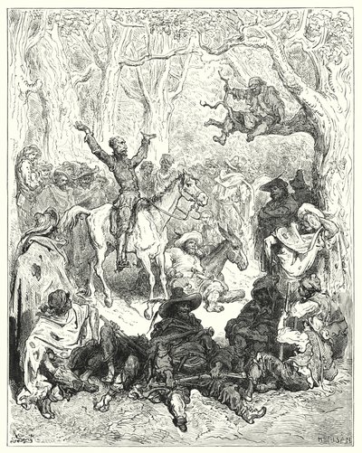 Gustave Doren Don Quijote: "Don Quijote, kiinnitetty Rozinanteen, joka vastustaa suuresti heidän elämäntapaansa" (kaiverrus) tekijältä Gustave Dore