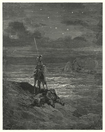 Gustave Doren Don Quijote: "Don Quijote jäi sinne odottamaan päivän lähestymistä" (kaiverrus) tekijältä Gustave Dore