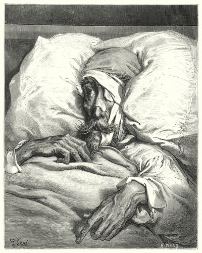 Gustave Doren Don Quijote: "Onnettomasti loukkaantunut Don Quijote oli erittäin synkkä ja melankolinen" (kaiverrus) tekijältä Gustave Dore