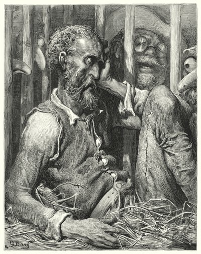 Gustave Doren Don Quijote: "Don Quijote ei ollut niinkään hämmästynyt lumoamisestaan kuin sen tavasta" (kaiverrus) tekijältä Gustave Dore
